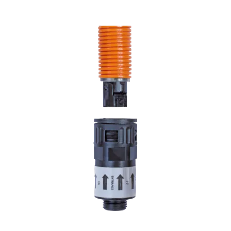 Rolliner 3G shown in two parts: the orange PA12 outer hose section above, and the roller body with the labelled wire-entrance and snap-fit end connector below