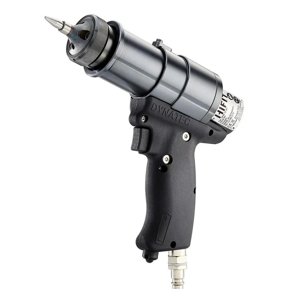 The HiFIT HFM 21R1-S treatment gun, showing the hardened pin and working head that ride the weld toe