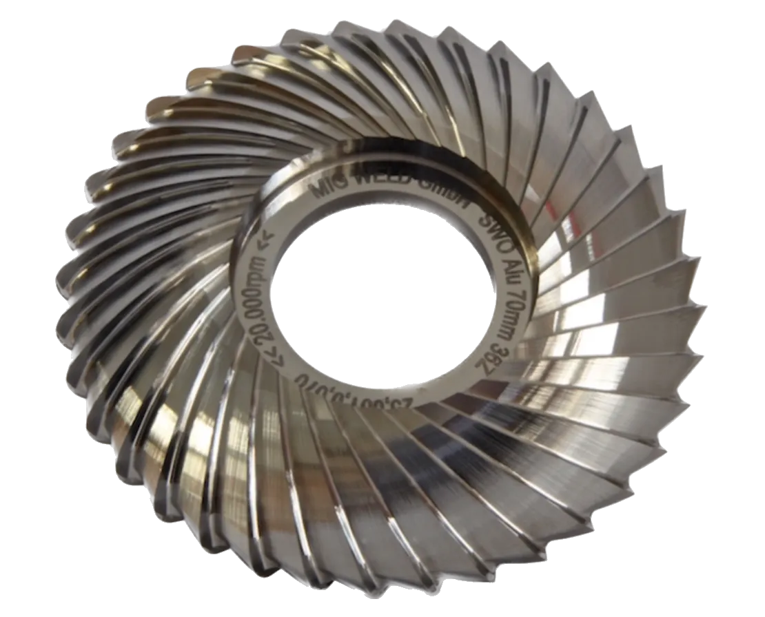 Double-sided rotary milling disc, solid carbide with spiral cutting teeth