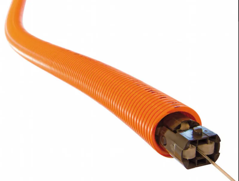 Rolliner 3G conduit cross-section showing orange PA12 outer hose and internal roller-element chain with welding wire threaded through