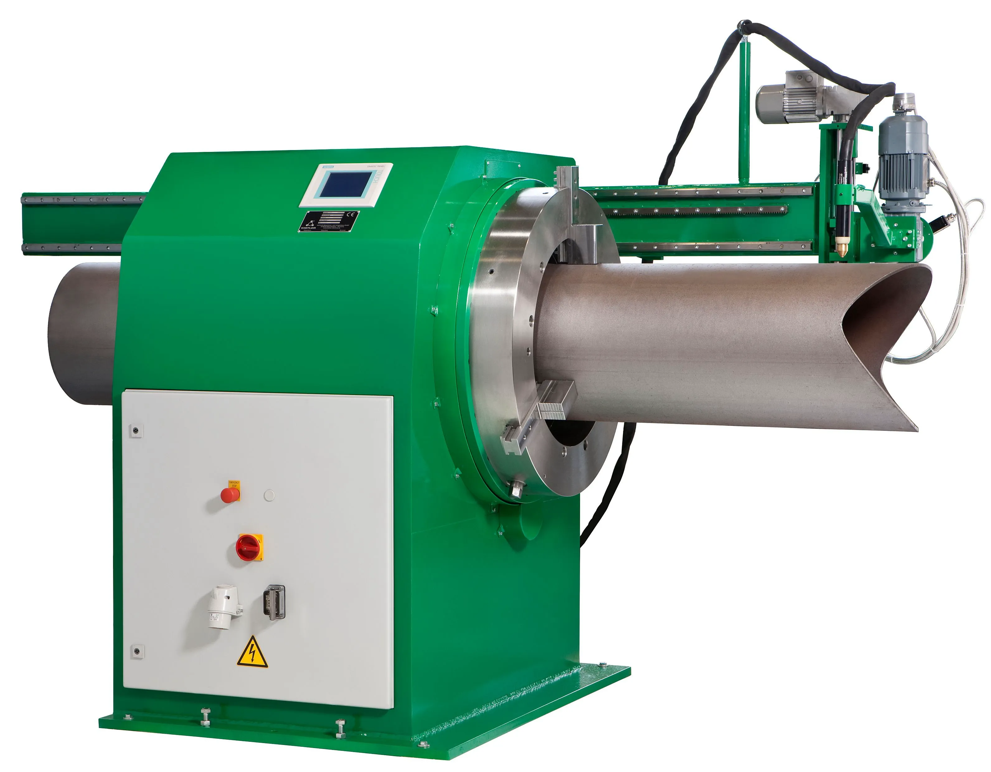 Kistler SCM PLC-controlled pipe cutting machine profiling a pipe end with a torch on a driven chuck