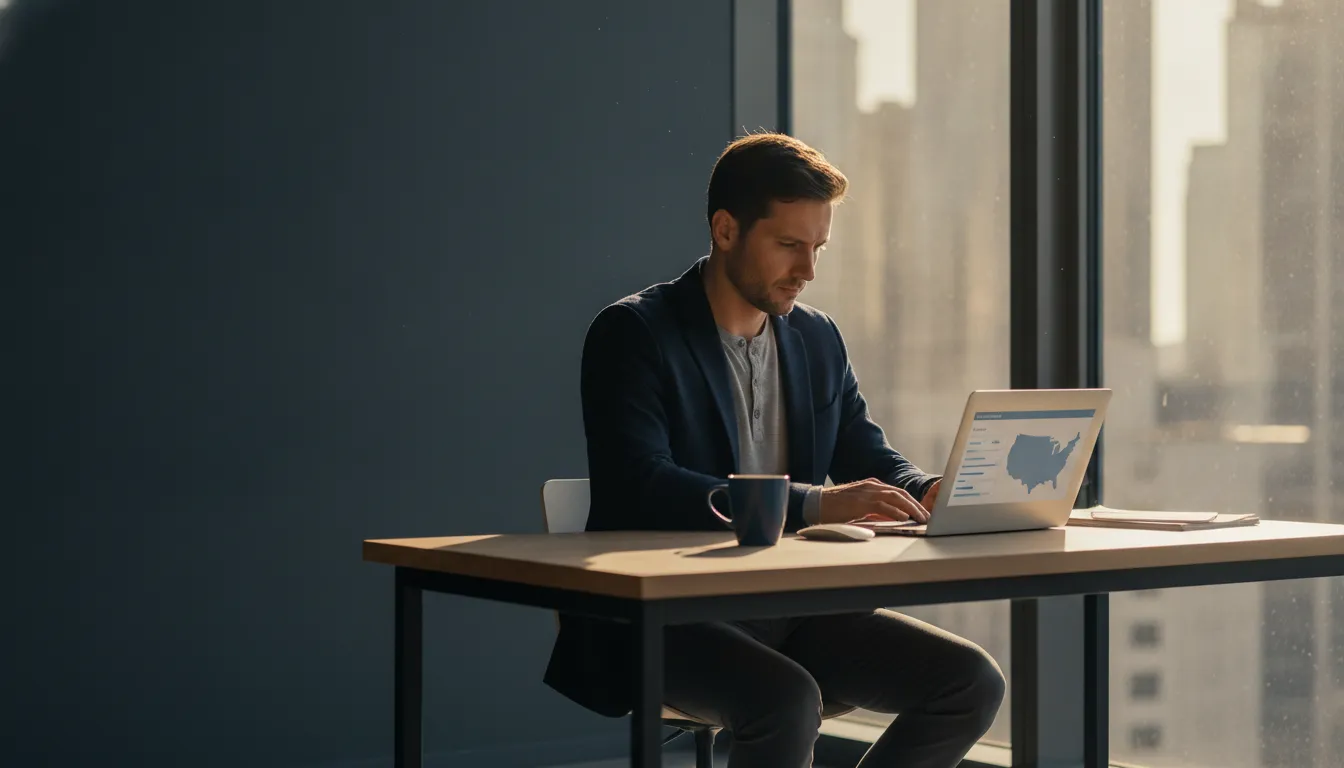 A European founder at his desk in late-afternoon light, working US outreach on a laptop showing a US map, an American city skyline through the window