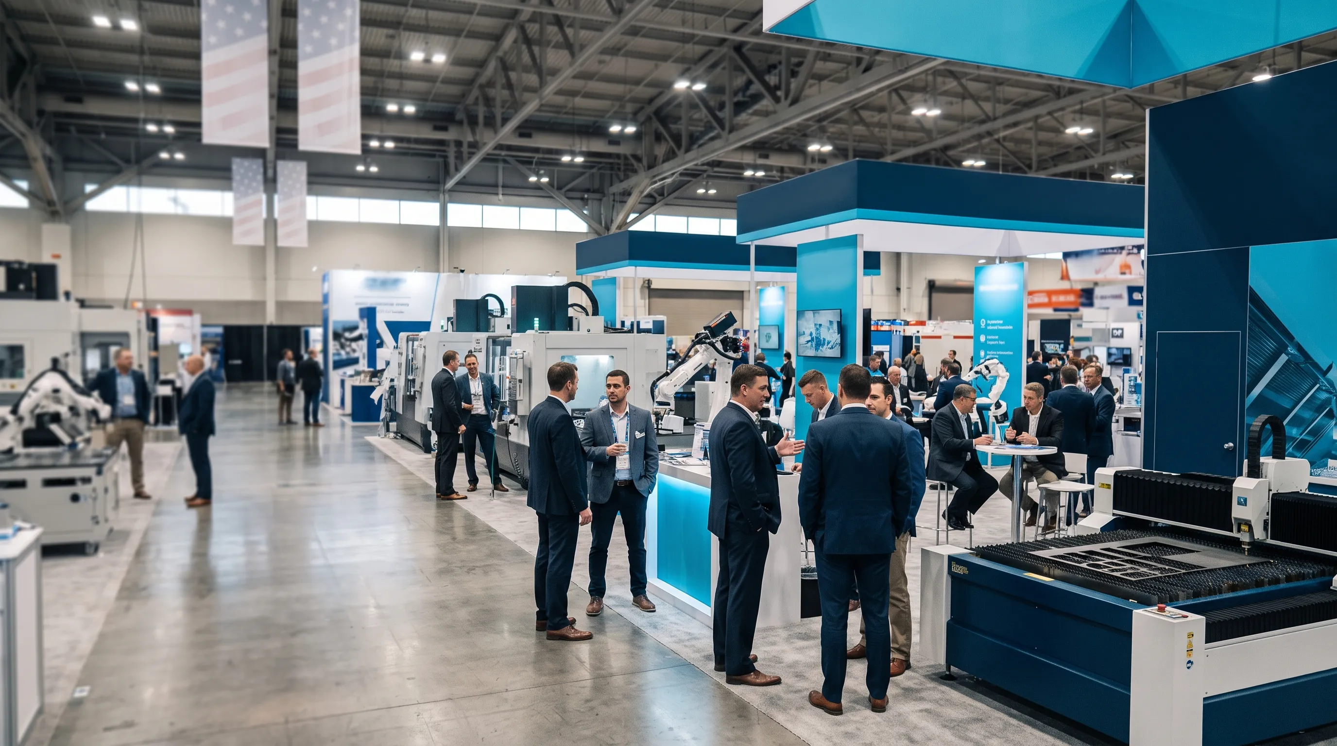 European industrial equipment at a US trade show floor, representing DACH manufacturers exhibiting in the US market