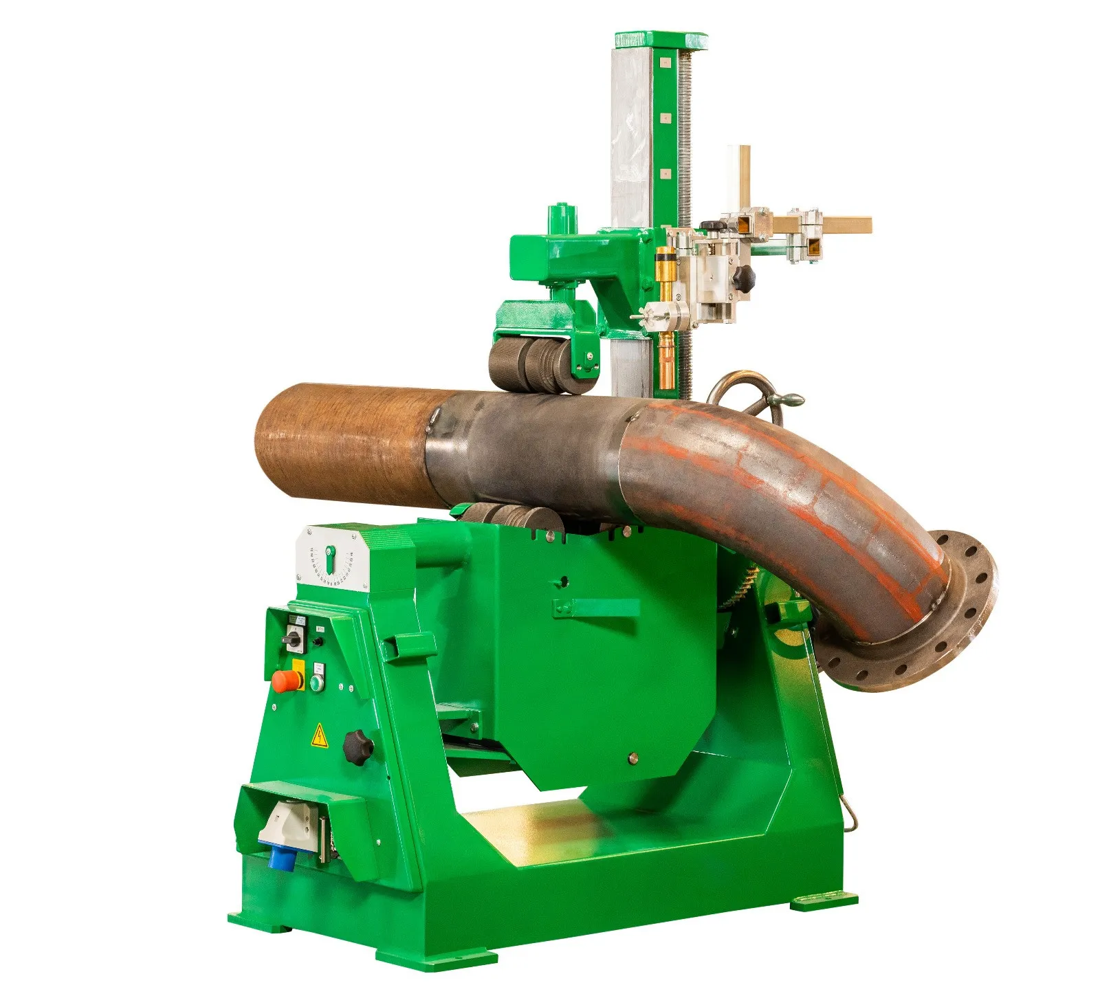 Kistler U 500 pipe rotator, a green clamping-roller positioner that clamps, rotates, and tilts round pipe